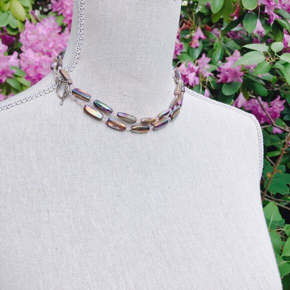 Y2K Iridescent Stick Pearl Necklace AB Resin Beads Long Layering Toggle Clasp - Picture 11 of 11